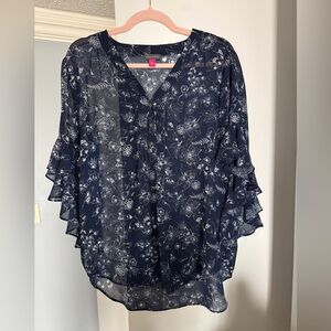 Vince Camuto Floral Navy Blue Sheer Women's Blouse